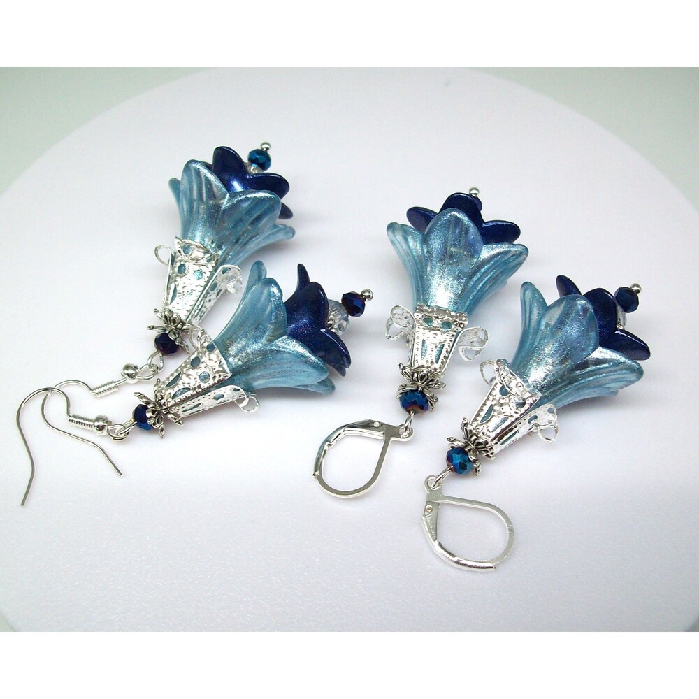 Boho Flower Earrings Dangle, Blue, Silver, Hand Painted, Floral Jewelry, Artisan